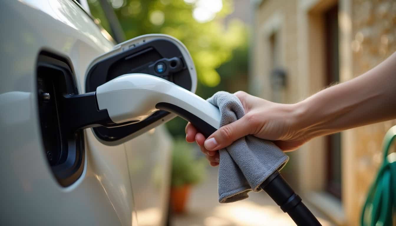 Nettoyage d'une borne de recharge électrique avec un chiffon doux