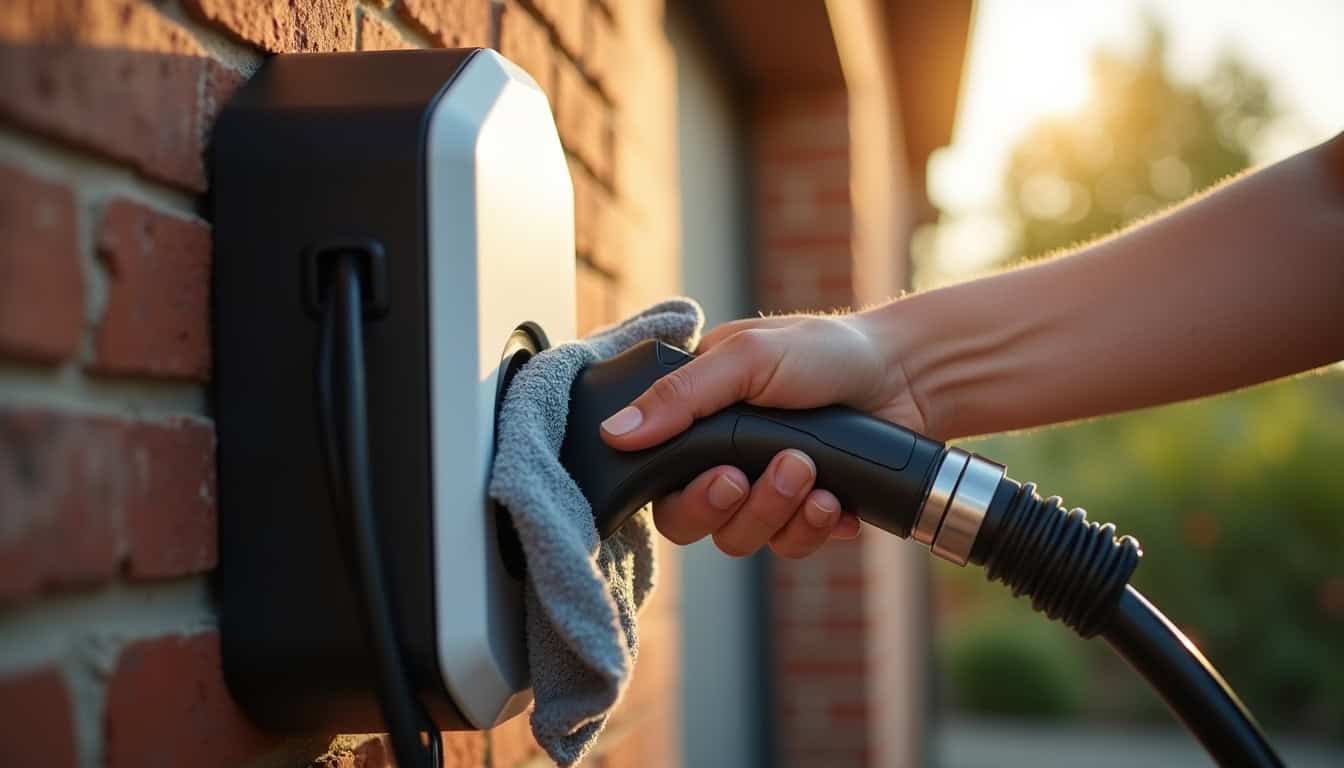 Nettoyage d'une borne de recharge électrique avec un chiffon doux