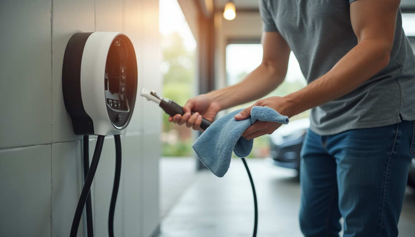 Nettoyage et entretien d'une borne de recharge murale à côté d'une voiture électrique