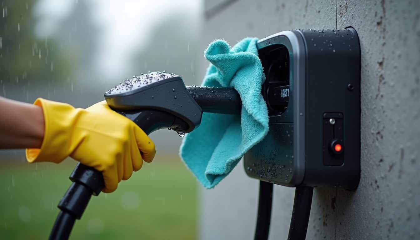 Nettoyage et vérification d'une borne de recharge électrique installée en extérieur