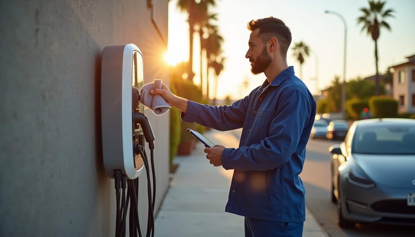 Nettoyage et vérification d'une borne de recharge électrique par un technicien