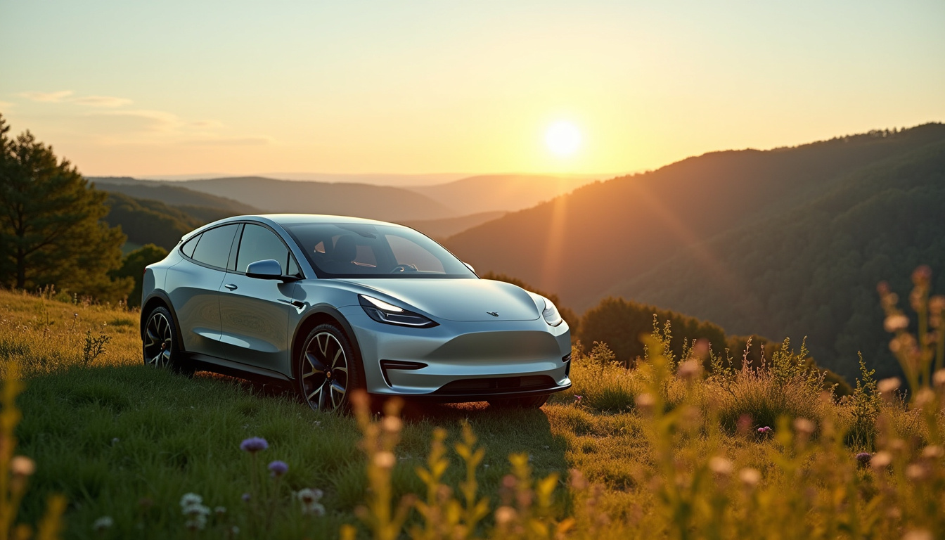 Paysage du Morvan avec une voiture électrique en première ligne, symbolisant la transition énergétique à Épinac