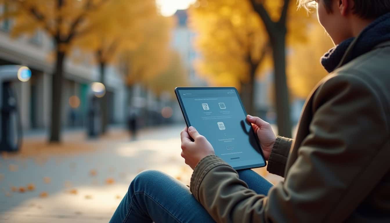 Personne utilisant une tablette pour répondre à un quiz sur les bornes de recharge