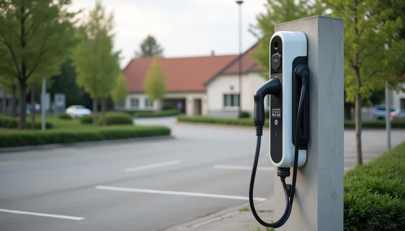 Photo de la borne de recharge publique située sur le parking de la mairie de Voulx, rue Grande, avec son emplacement en extérieur et son accès par badge RFID
