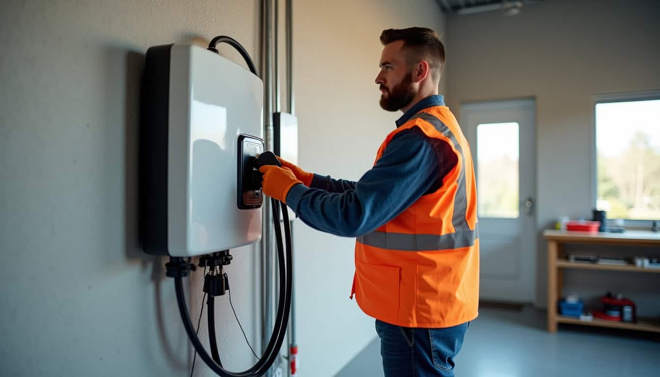 Photo d’un électricien certifié IRVE en train d’installer une borne de recharge murale