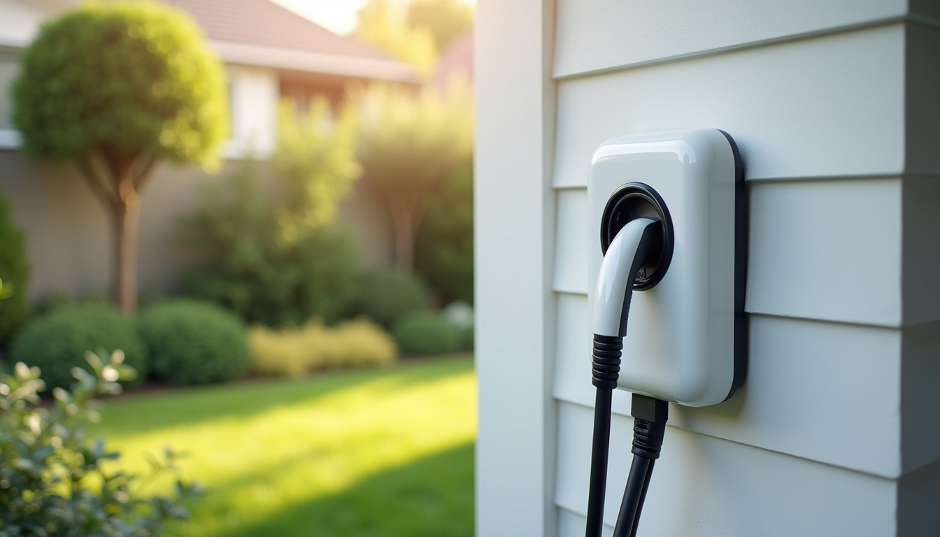 Photo d'une borne de recharge domestique équipée d'une prise de type 2, installée à l'extérieur d'une maison individuelle