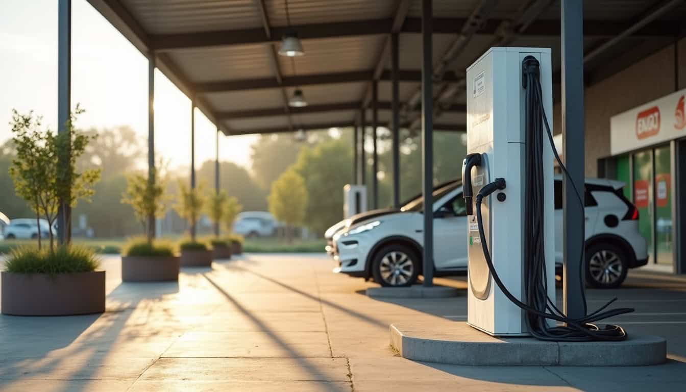 Photo d'une borne de recharge électrique située sur le parking d'un supermarché à Carignan