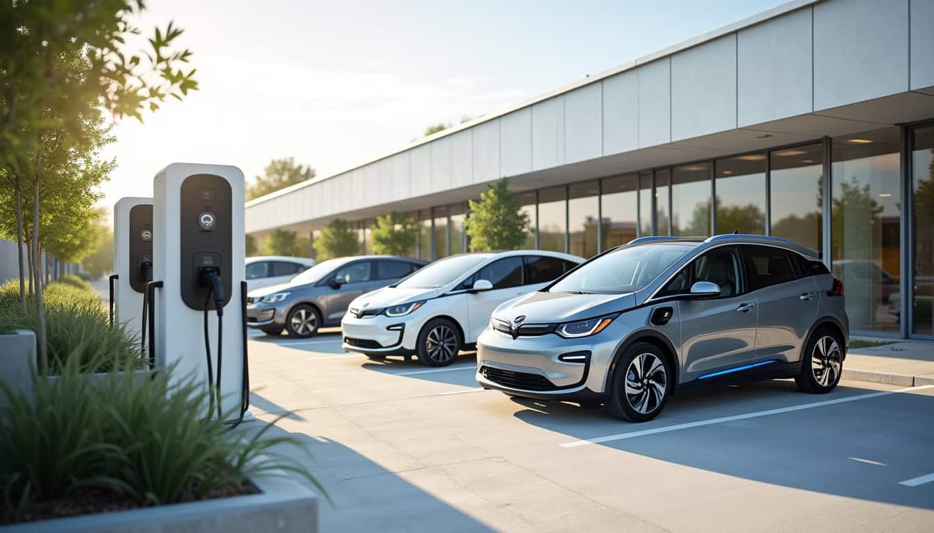 Photo d'une borne de recharge installée dans un parking d'entreprise à Périssac avec plusieurs véhicules électriques à proximité