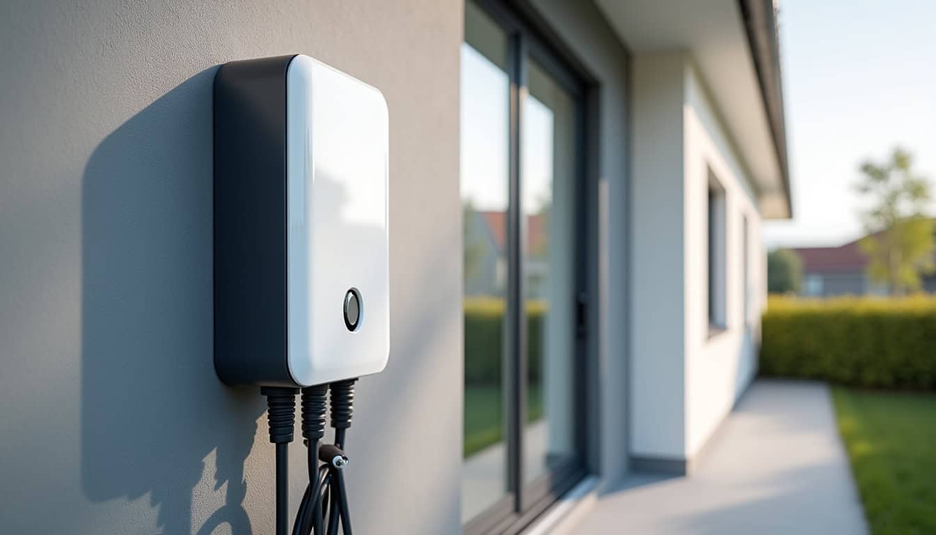 Photo d'une borne de recharge murale de 7,4 kW installée à l'extérieur d'une maison à Lormaison, protégée par une gaine rigide et reliée au tableau électrique