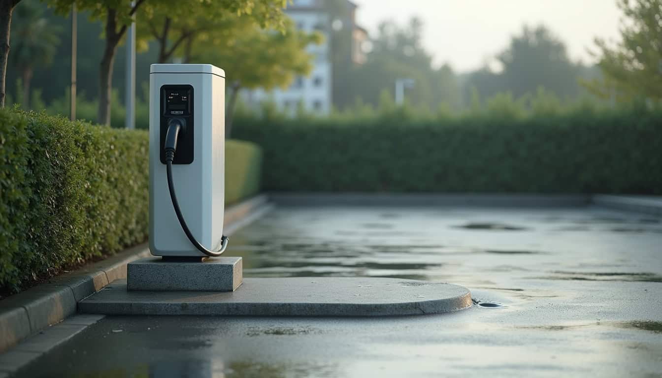 Photo d'une borne de recharge publique installée dans un parking communal à Quincampoix
