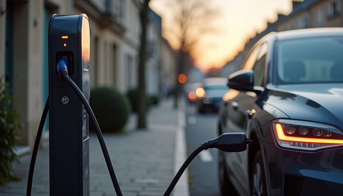 Photo d'une borne de recharge publique située 2 Rue d'Arsonval à Saint-Germain-les-Belles, avec véhicule électrique en cours de recharge
