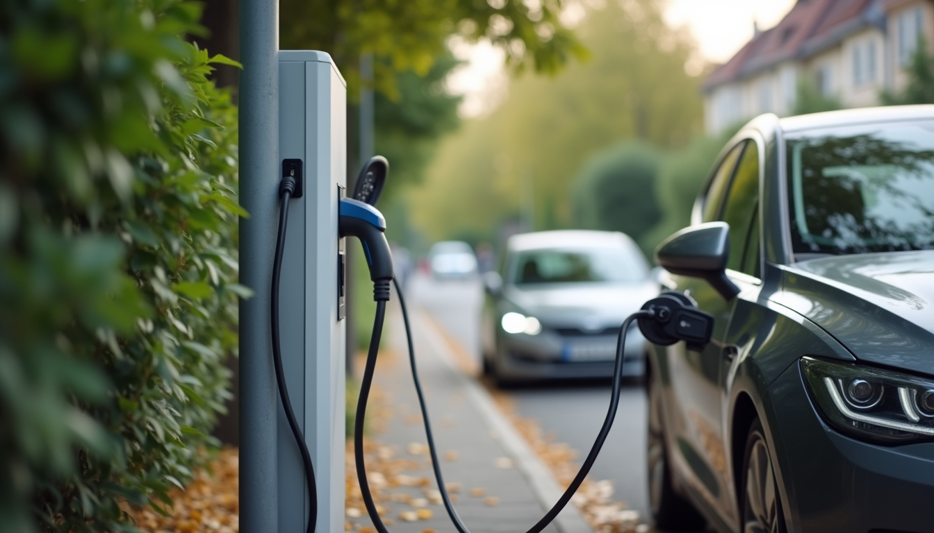 Photo d'une borne de recharge publique située rue de la Libération à Grainville-sur-Odon, avec une voiture en cours de recharge