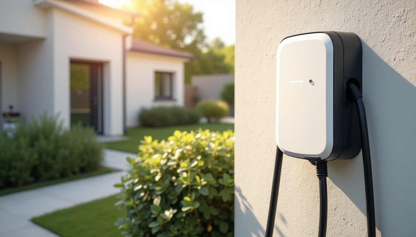 Photo d'une wallbox installée sur un mur extérieur à Berneuil, modèle 7,4 kW avec câble de recharge enroulé