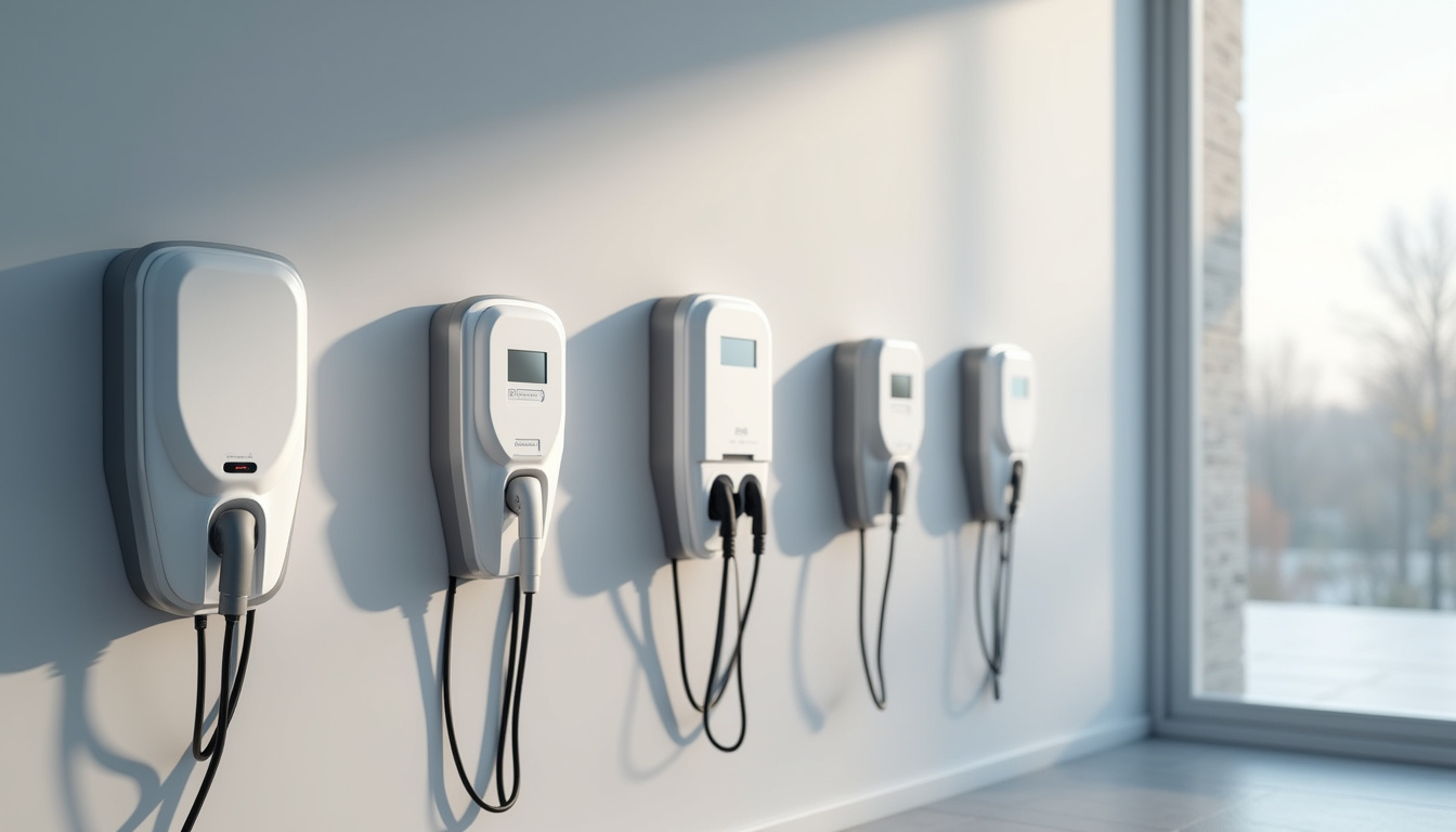 Photographie comparative de différents modèles de bornes de recharge murales, avec légendes techniques