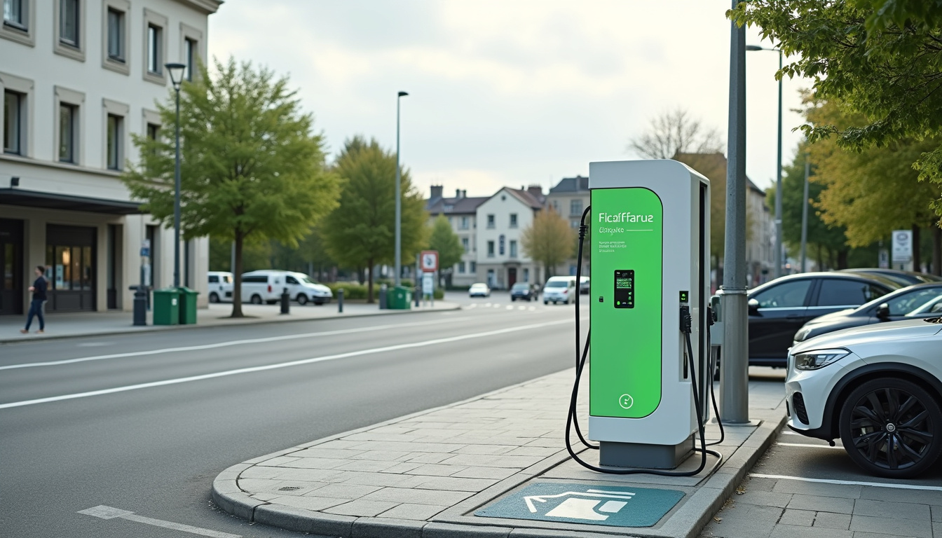 Photographie de la borne de recharge Izivia située sur la place de la Mairie à Thurins, montrant le modèle et son environnement urbain