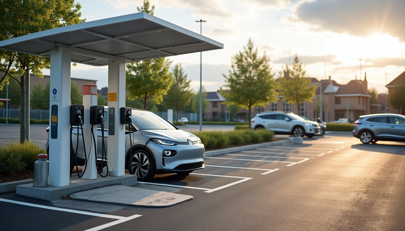Photographie de la borne de recharge publique située au Super U de Vernou-sur-Brenne, montrant les différents connecteurs disponibles et le parking environnant
