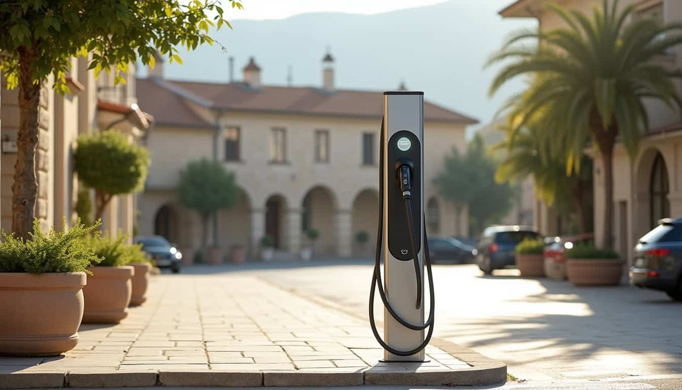 Photographie de la borne de recharge située sur la Place Neuve à La Turbie