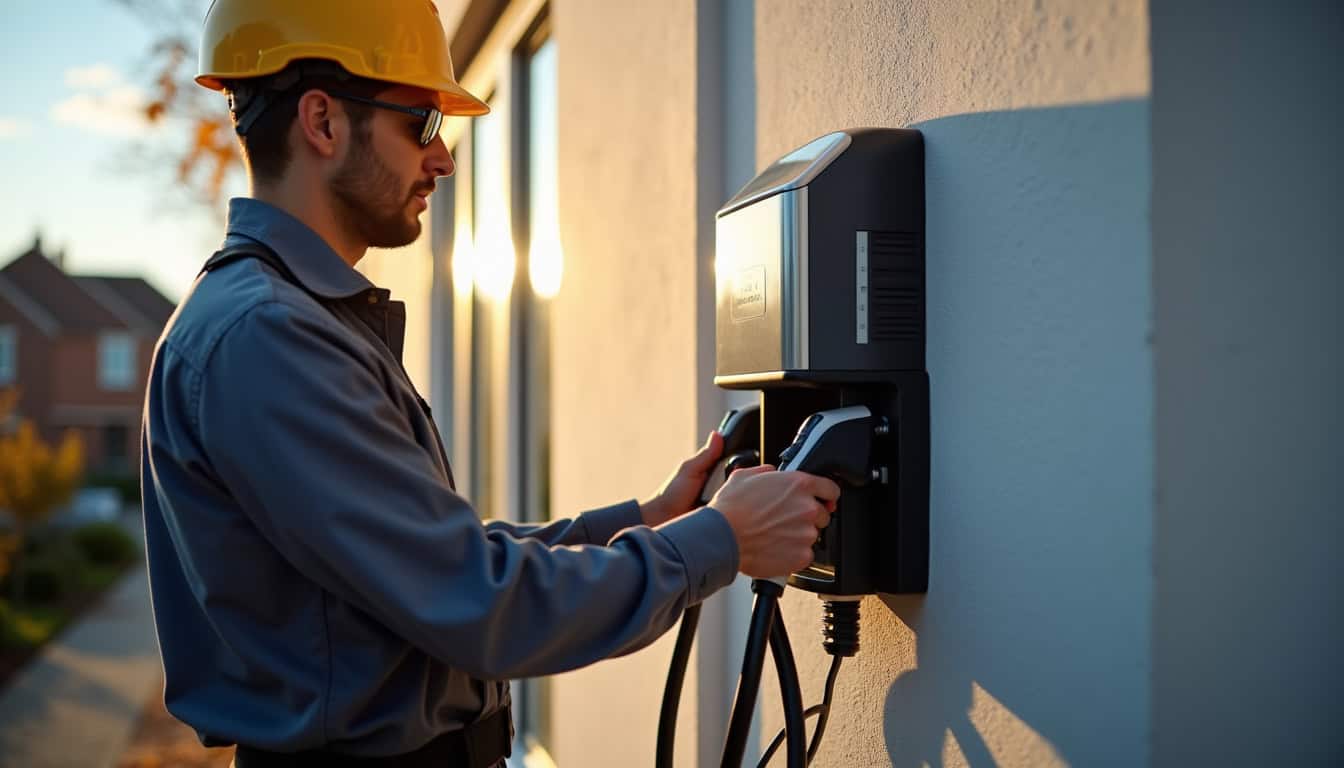 Photographie d’un électricien en train d’installer une borne de recharge électrique sur un mur extérieur