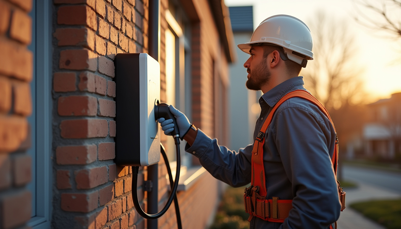 Photographie d’un électricien en train d’installer une borne de recharge murale à Saint-Memmie