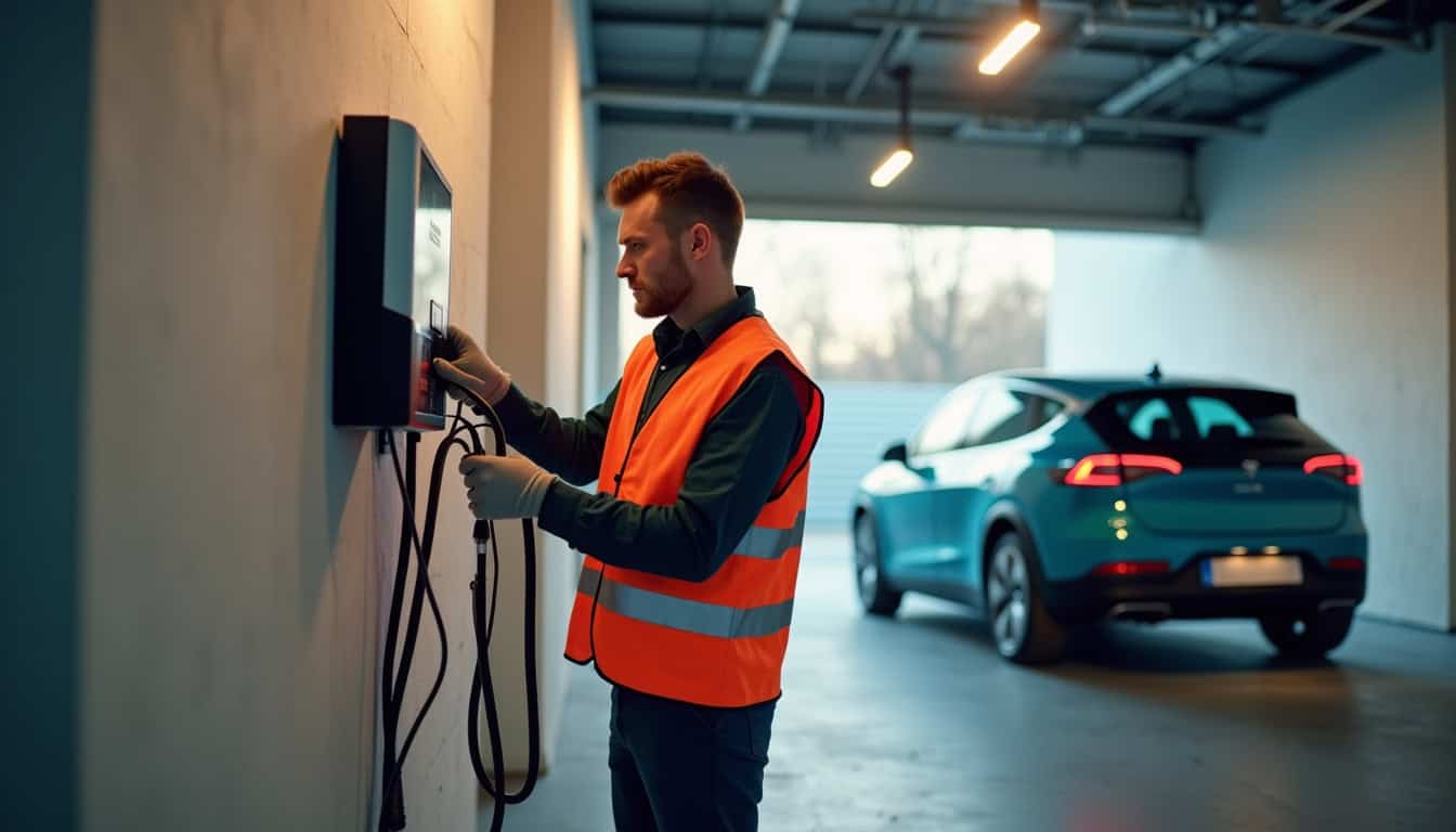 Photographie d'un électricien en train d'installer une borne de recharge murale dans un garage