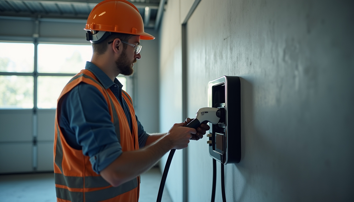 Photographie d'un électricien en train d'installer une borne de recharge murale