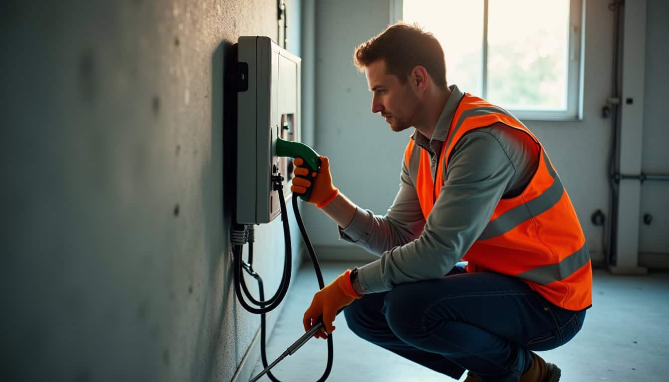 Photographie d'un installateur certifié IRVE en train de poser une borne électrique dans une maison à Trédarzec