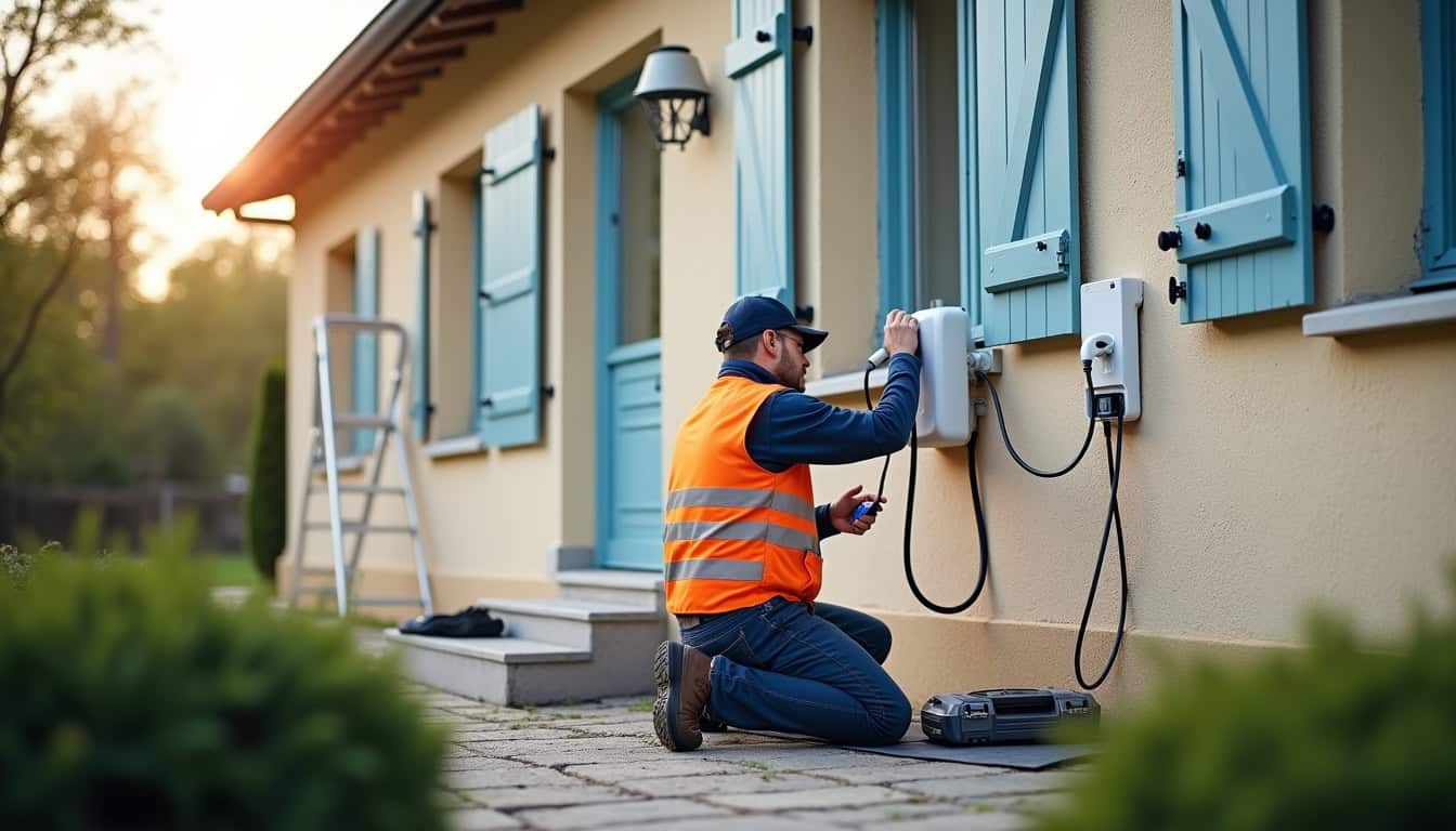 Photographie d'un installateur certifié IRVE en train de raccorder une borne de recharge à une maison à Notre-Dame-de-Riez
