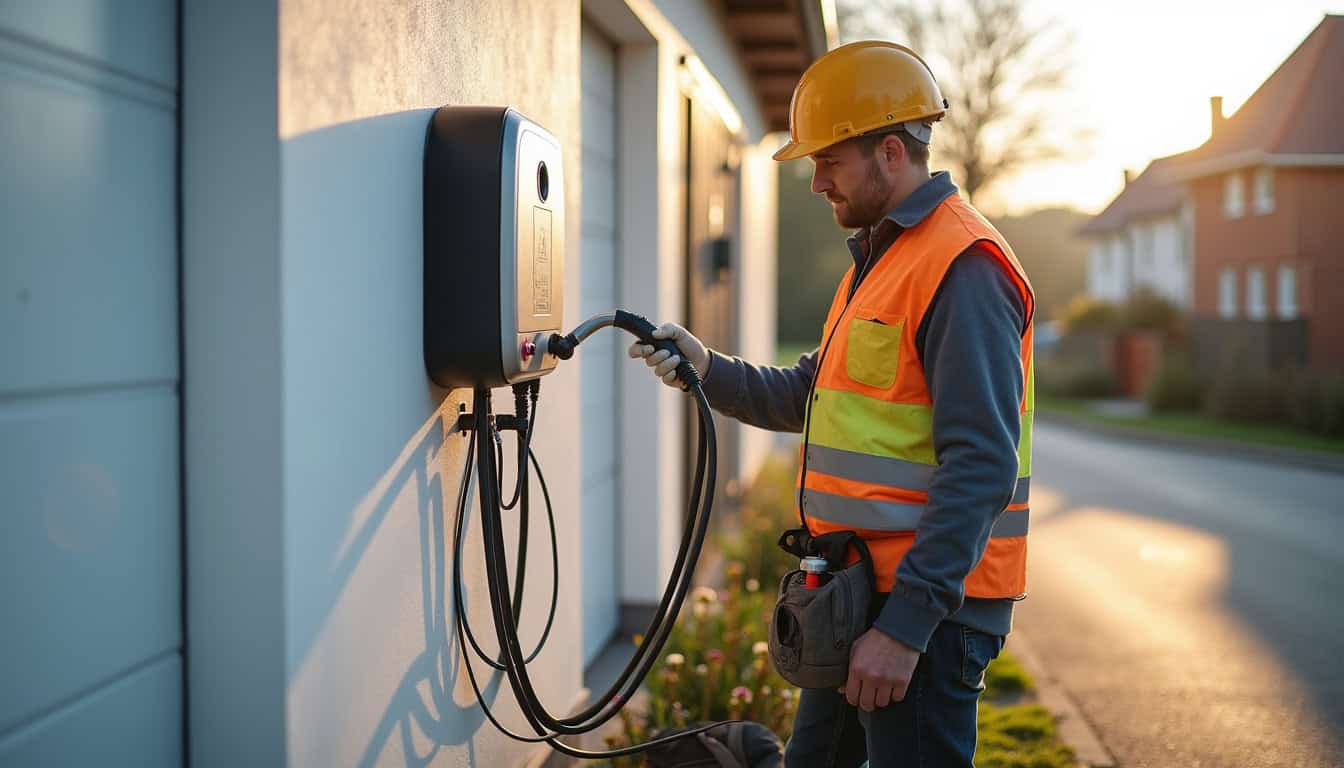Photographie d'un installateur en train de poser une borne de recharge électrique à Neuve-Chapelle