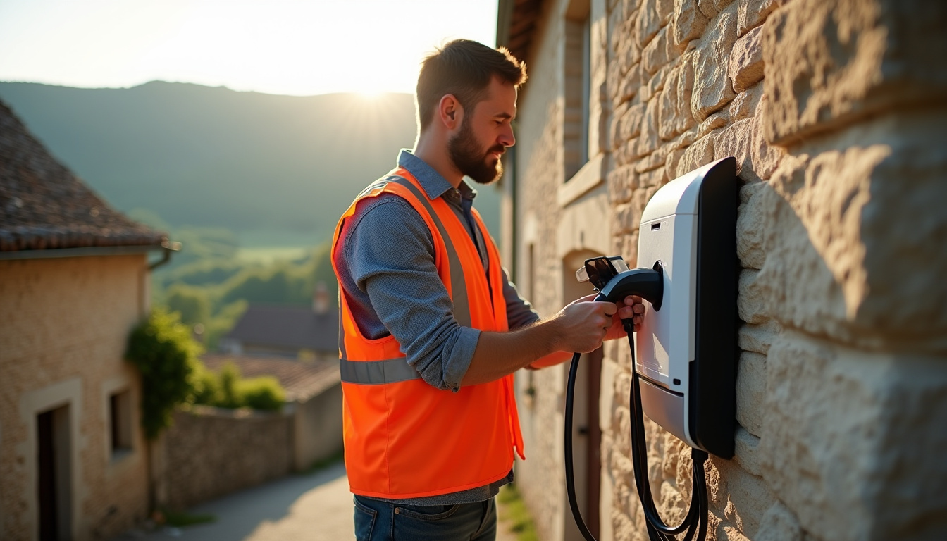 Photographie d'un installateur IRVE en train de fixer une borne de recharge électrique à Saint-Pierre-Eynac