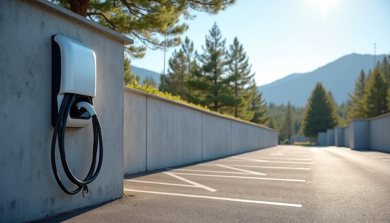 Photographie d’une borne de recharge électrique en plein air, située dans un parking communal à Saint-Étienne-de-Tinée