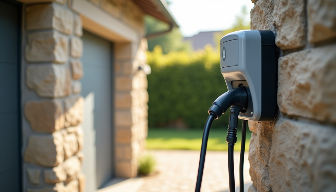 Photographie d'une borne de recharge électrique murale installée à l'extérieur d'une maison à Vernou-sur-Brenne, avec vue sur le câble de charge et le boîtier technique