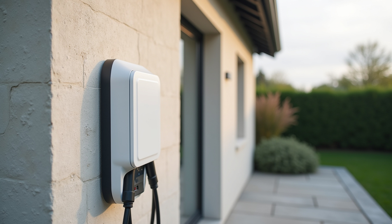 Photographie d'une borne électrique installée sur le mur d'une maison à Guenrouet