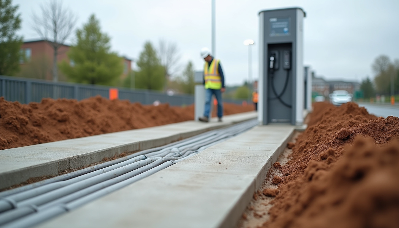 Photographie illustrant les différentes étapes du chantier d'installation d'une borne de recharge à Cheffes