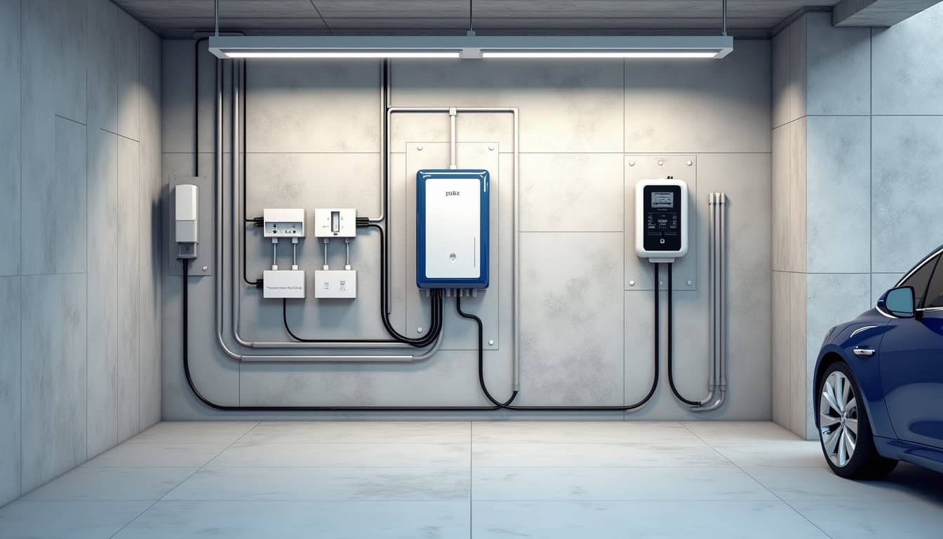 Plan d'installation d'une borne de recharge dans un garage à Montsenelle, montrant le trajet du câble depuis le tableau électrique