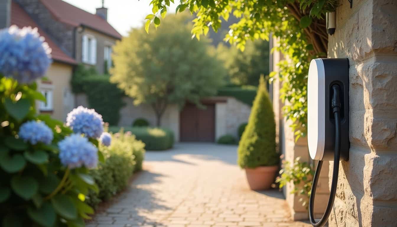 Positionnement d'une borne de recharge électrique à l'extérieur d'une maison à Meusnes