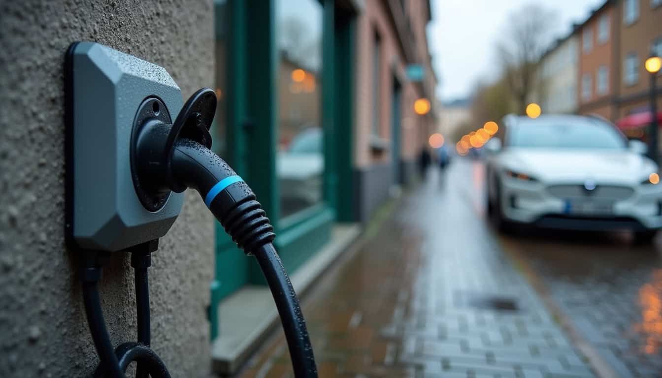 Prise renforcée Legrand Green Up installée en extérieur pour la recharge d'une voiture électrique