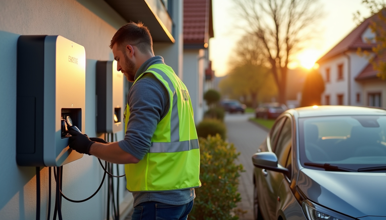 Professionnel certifié IRVE en train d'installer une borne de recharge électrique à Mundolsheim