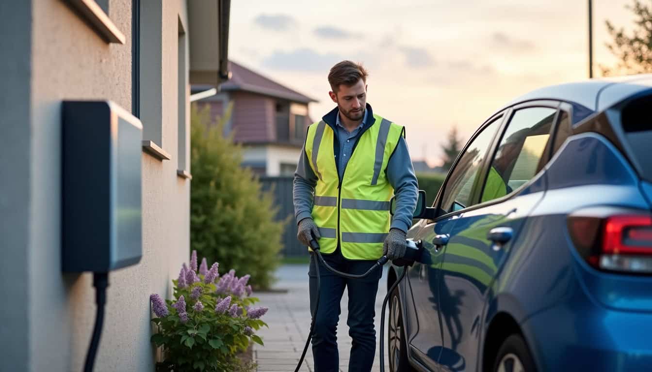 Professionnel certifié IRVE en train d'installer une borne électrique à Kilstett