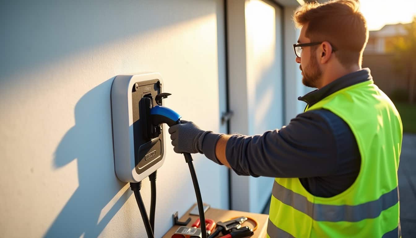 Professionnel en train d’installer une borne de recharge pour véhicule électrique à Saint-Saëns