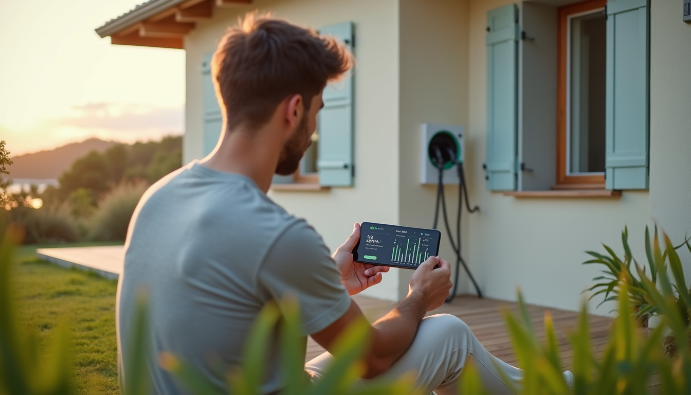 Propriétaire consultant l'application de sa borne connectée depuis son smartphone, affichant la consommation et l'historique des charges