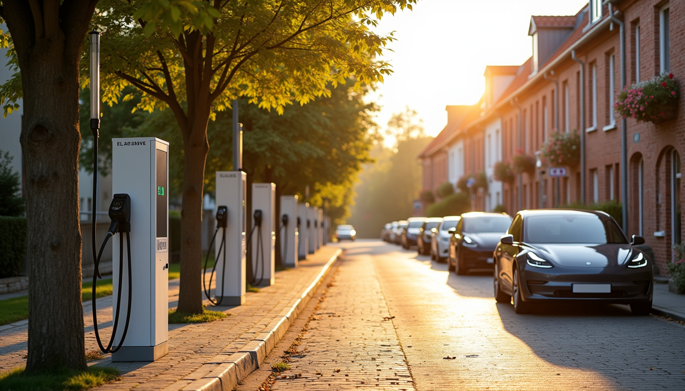 Représentation artistique d'une rue de Tilloy-lès-Mofflaines équipée de bornes de recharge modernes