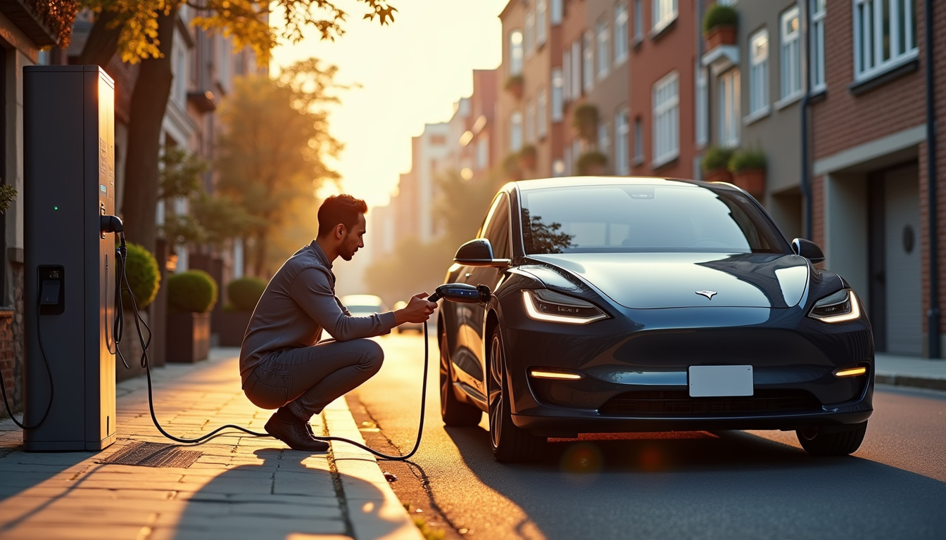 Représentation d'une borne de recharge partagée en milieu urbain, avec un conducteur en train de brancher son véhicule à une Wallbox privée