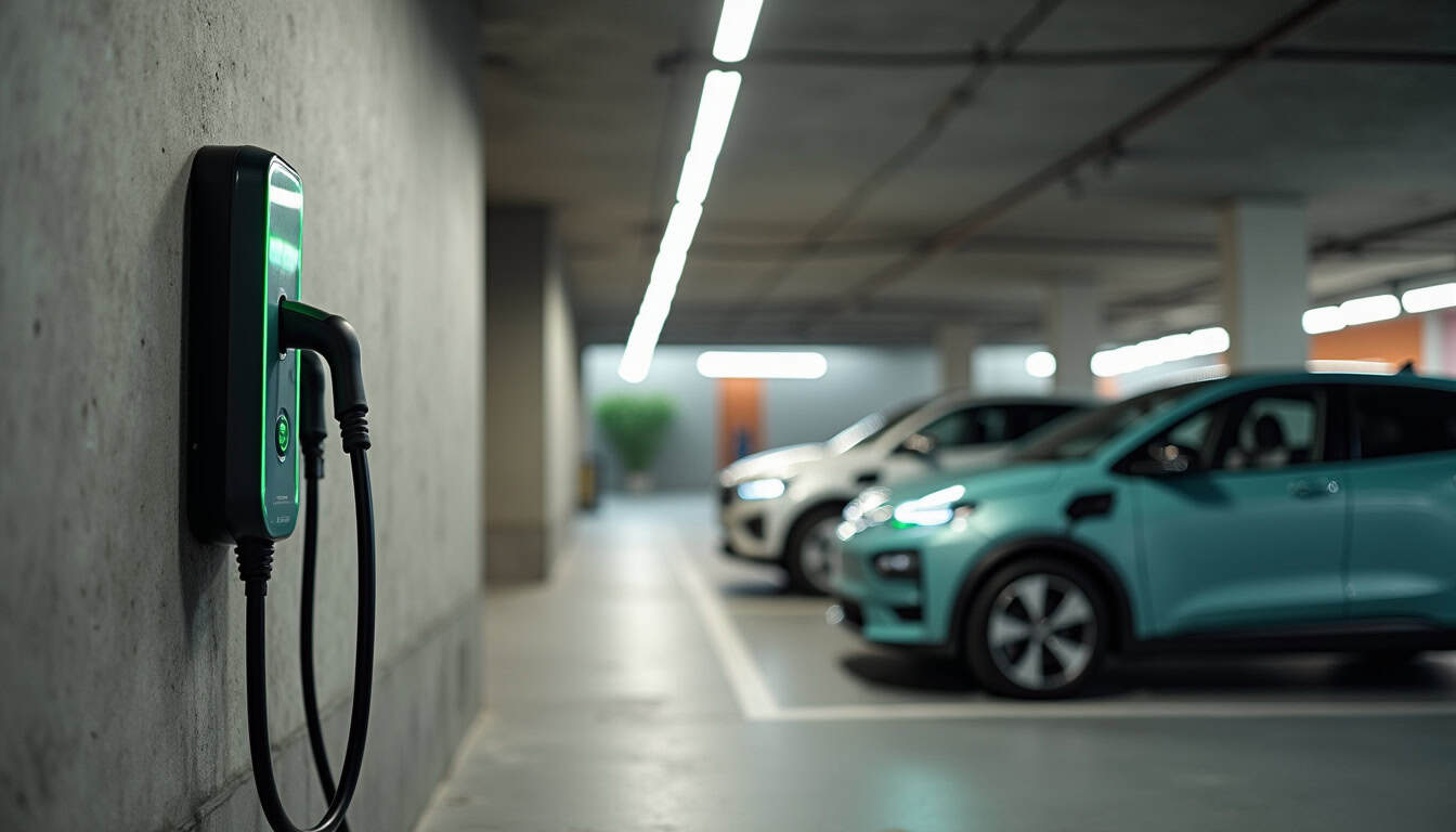 Représentation d'une installation de borne de recharge dans un parking d'immeuble à Cavignac