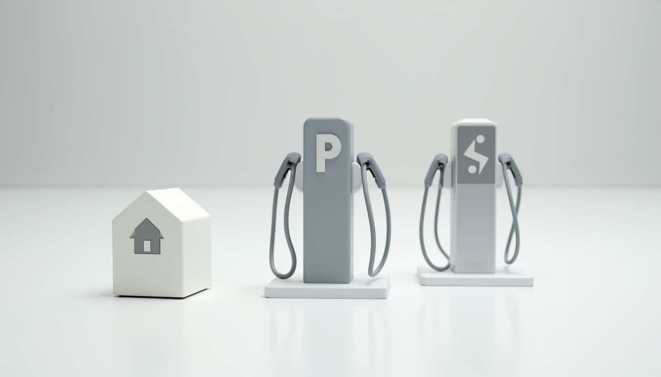 Schéma comparatif des différents types de bornes de recharge: borne domestique, borne publique, borne rapide