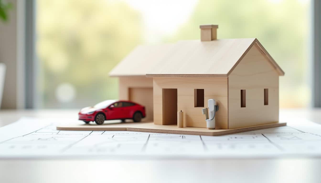 Schéma d'implantation d'une borne de recharge sur un terrain résidentiel à Lormaison avec garage et stationnement extérieur