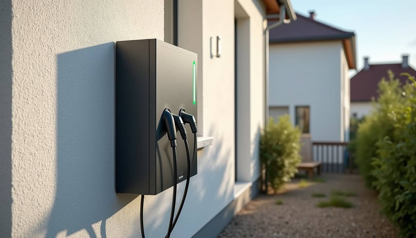 Schéma d'installation d'une borne de recharge électrique en extérieur sur une façade de maison