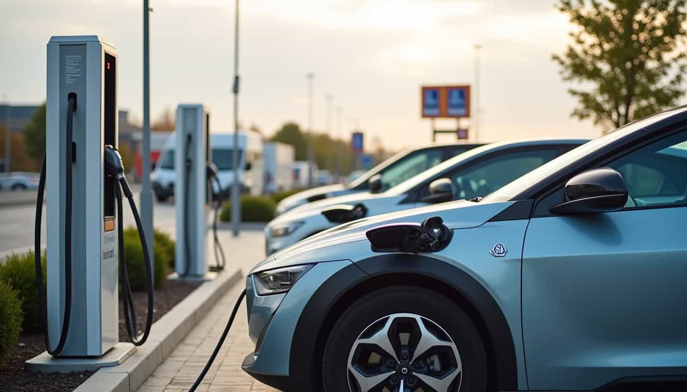 Station de recharge ALDI Nord à Saulzoir, avec véhicules électriques en cours de recharge