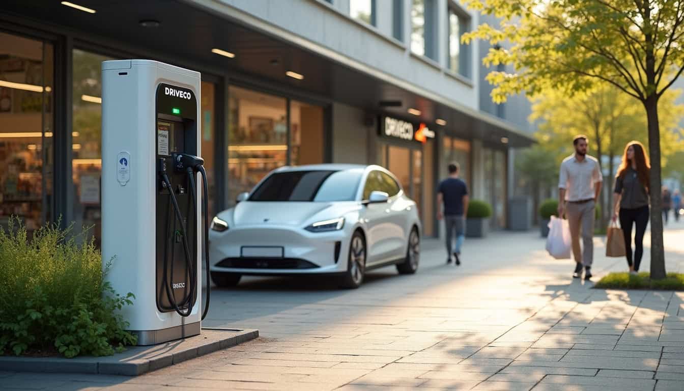 Station de recharge DRIVECO située à l'entrée d'un supermarché à Périers