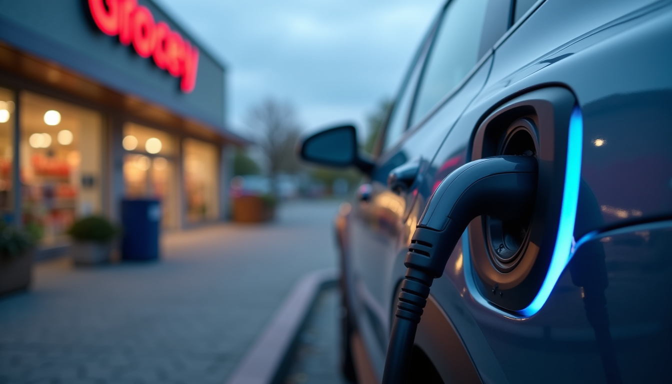 Station de recharge électrique en extérieur devant un supermarché à Sainte-Foy-la-Grande