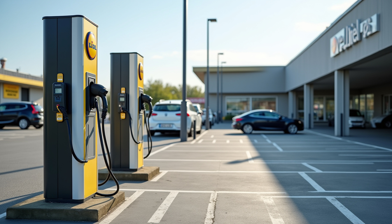 Station de recharge Lidl située sur l'aire commerciale d'Ayguesvives, avec deux bornes rapides CCS Combo 2 en fonctionnement